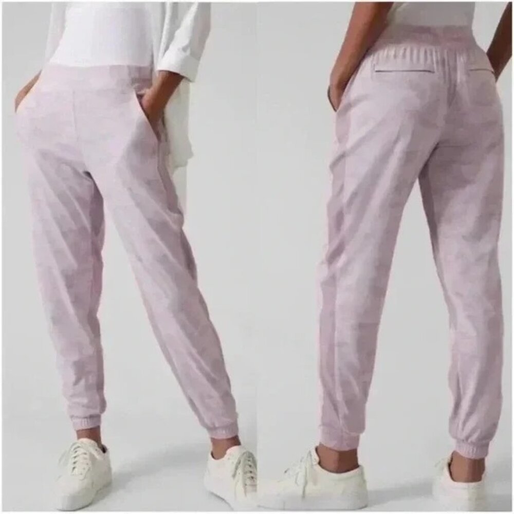 NWT Athleta Brooklyn Lined Textured Jogger Pants Lux Camo Shasta Lilac Pink 14